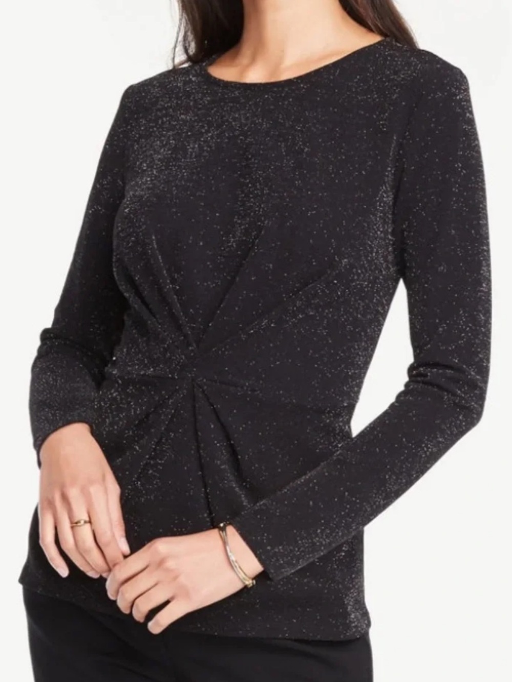 Ann Taylor Black Metallic Twist-Front Long Sleeve Top 🆕